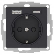 Розетка силовая + USB type - A+C, 5В/2,4А/3,0А, 2х5В/1,5А Systeme Electric Atlas Design карбон ATN001032