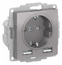 Розетка силовая + USB type - A+A, 5В/2,4А, 2х5В/1,2А Systeme Electric Atlas Design алюминий ATN000330