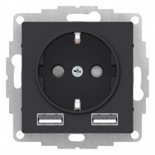 Розетка силовая + USB type - A+A, 5В/2,4А, 2х5В/1,2А Systeme Electric Atlas Design карбон ATN001030